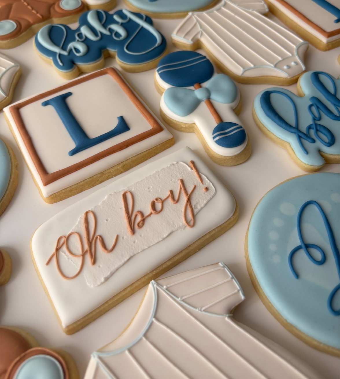 Hand Decorated baby shower cookies with rattle, initial wood block, onesie, plaque