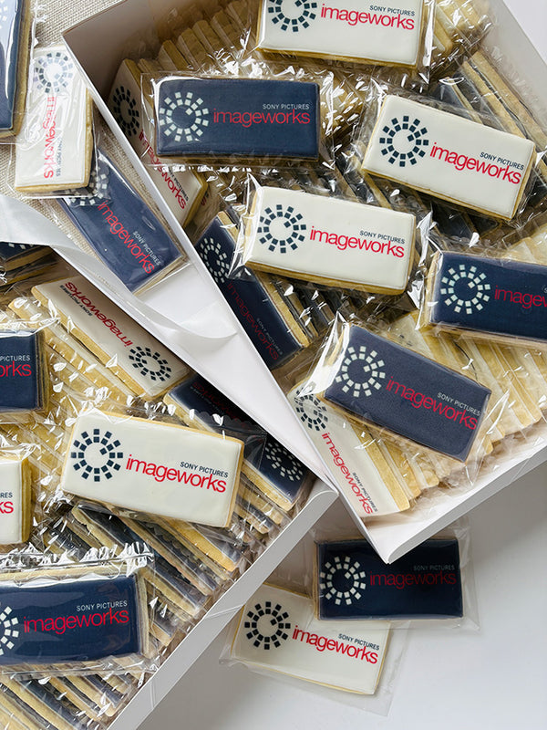 Boxes of cookies with 'imageworks' branding in the corporate colours