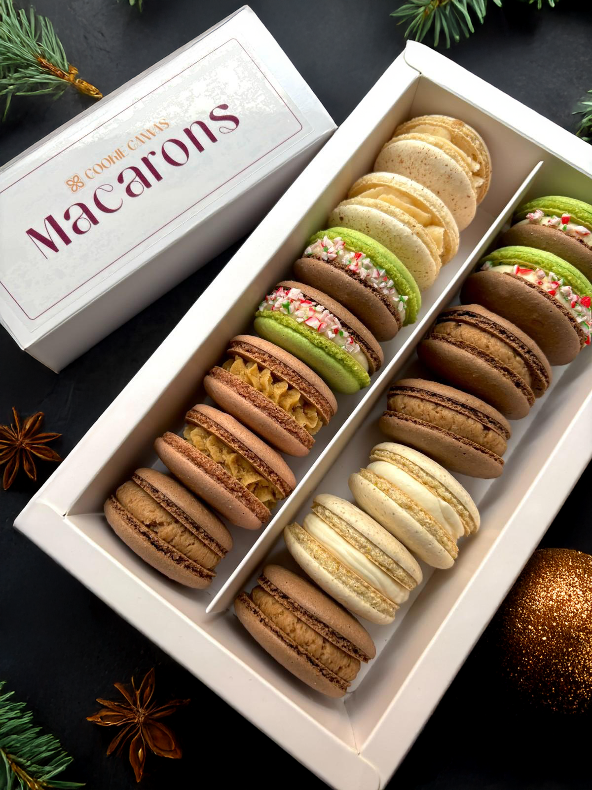Box of assorted holiday flavoured french macarons