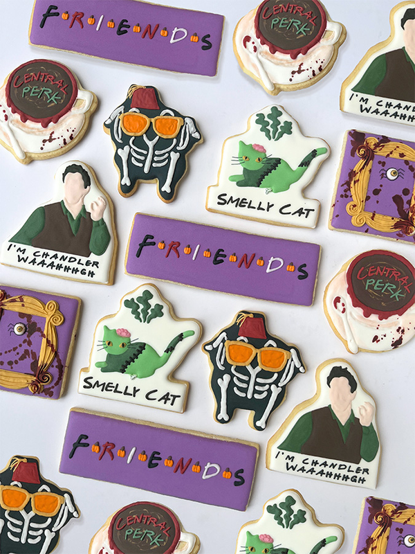 Hand made custom cookies with references to FRIENDS with a Halloween theme
